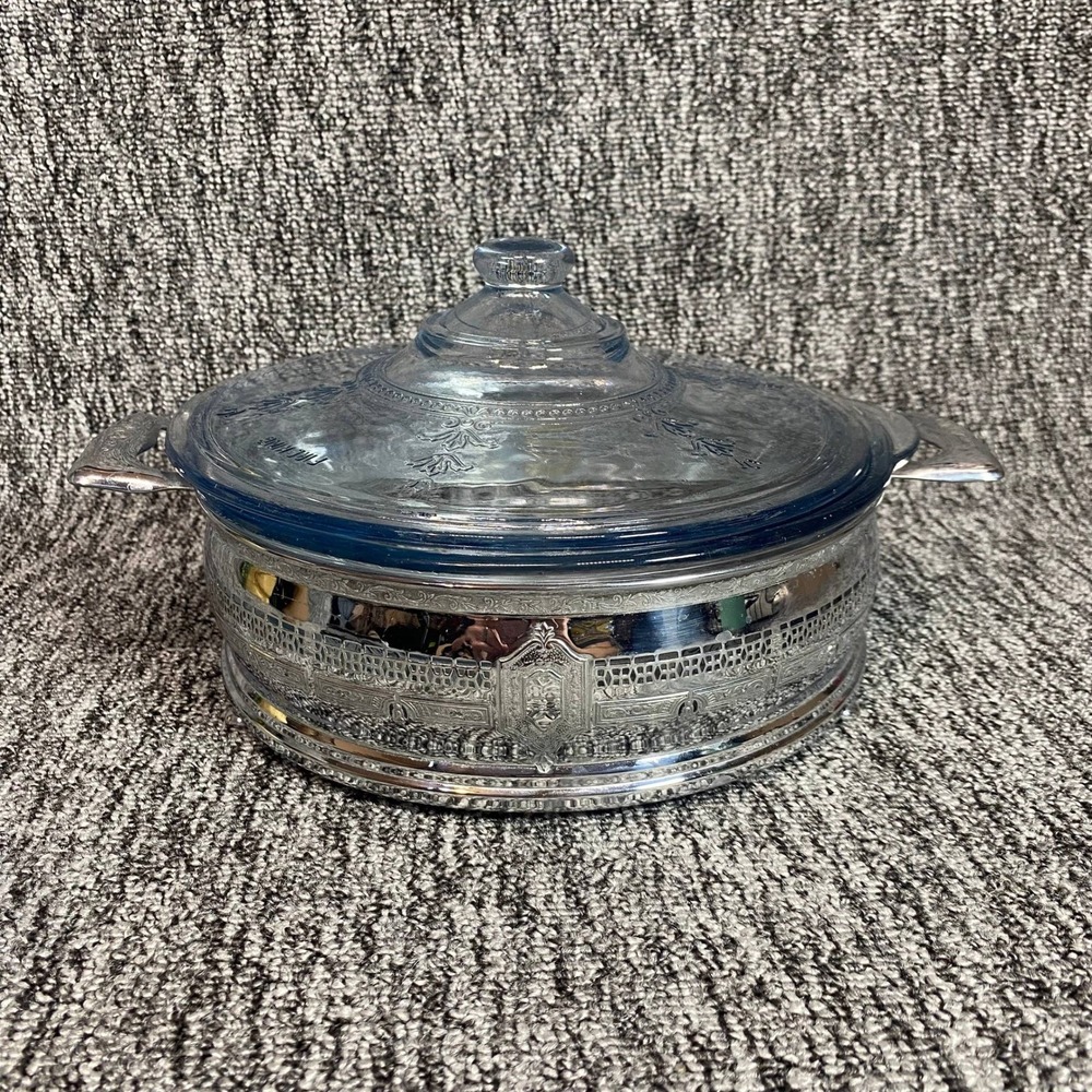 VTG 1940s Fire-King Clear Philbe Casserole Dish Lid Silver Caddy Holder 1.5‎ Qt